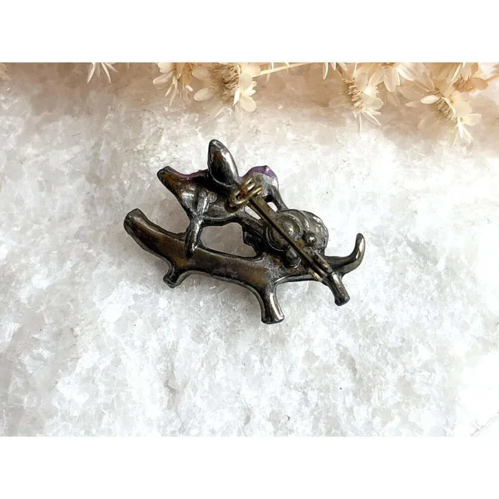 Lavender Perched Bird Figural on Branch with Eggs Costume Jewelry Brooch